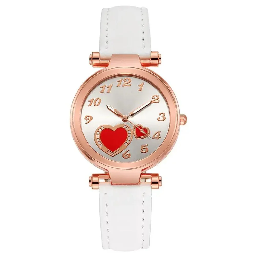 Elegant Love Heart Design Wrist Watch for Women White Strap Silver Dial